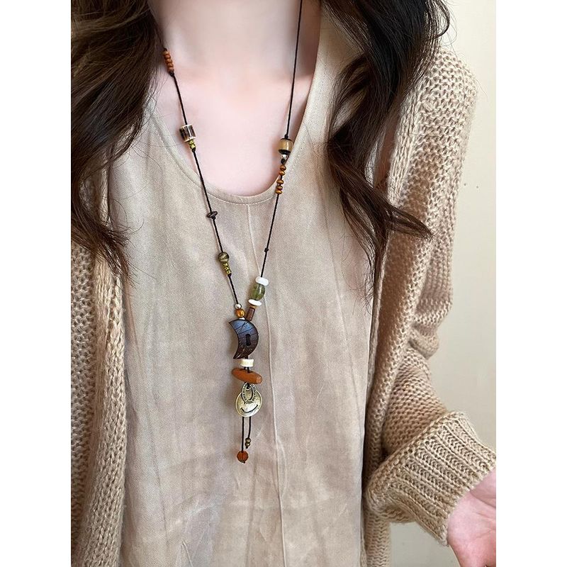 Crescent Smiling Face Wooden Ceramic Braided Rope Necklace Female Retro Ethnic Style Long Sweater Chain New Chinese Style Ornament