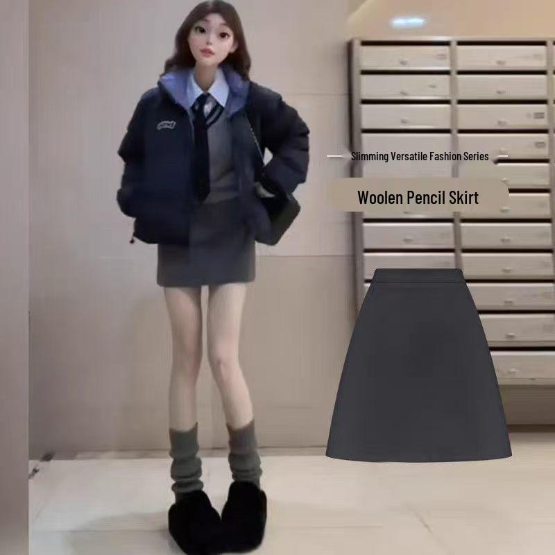 2025 Grauer Wollmischungs-Koreanischer A-Linien-Rock mit Hoher Taille: Schlankmachender, vielseitiger, figurbetonter kurzer Rock für Damen - Herbst/Winter