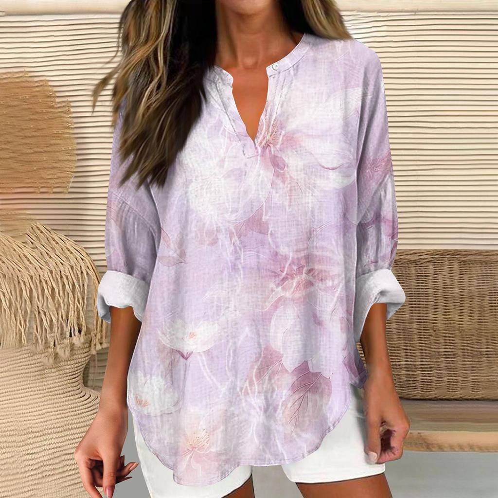 Dámské tričko s potiskem s dlouhým rukávem pro každodenní nošení a víkendovou módu, základní top s výstřihem do V a zakřiveným lemem, běžného střihu