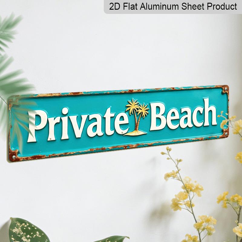 Decoração de Parede de Metal para Praia Privada 2D Plana - Estilo Costeiro Placa Decorativa de Alumínio com Cor Turquesa Vintage e Design de Palmeira, Medindo