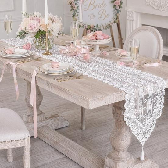 White Lace Table Runner, Vintage Floral Lace Table Runner, Rustic Boho Table Runner for Dining Table Wedding Bridal Shower Baby Shower Party