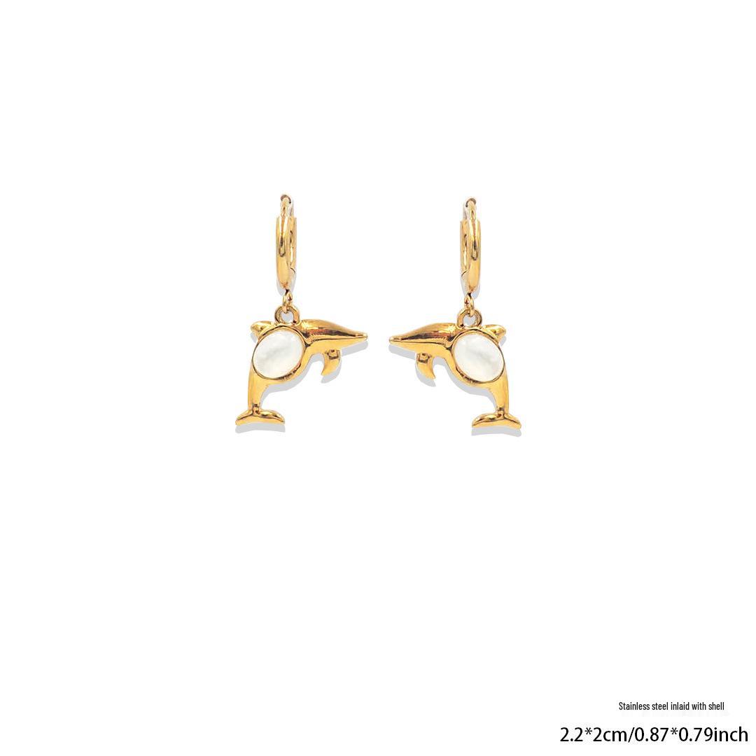 Golden Dolphin Mother-of-Pearl Inlaid Earrings: Chic & Fashionable Statement for Women золотой