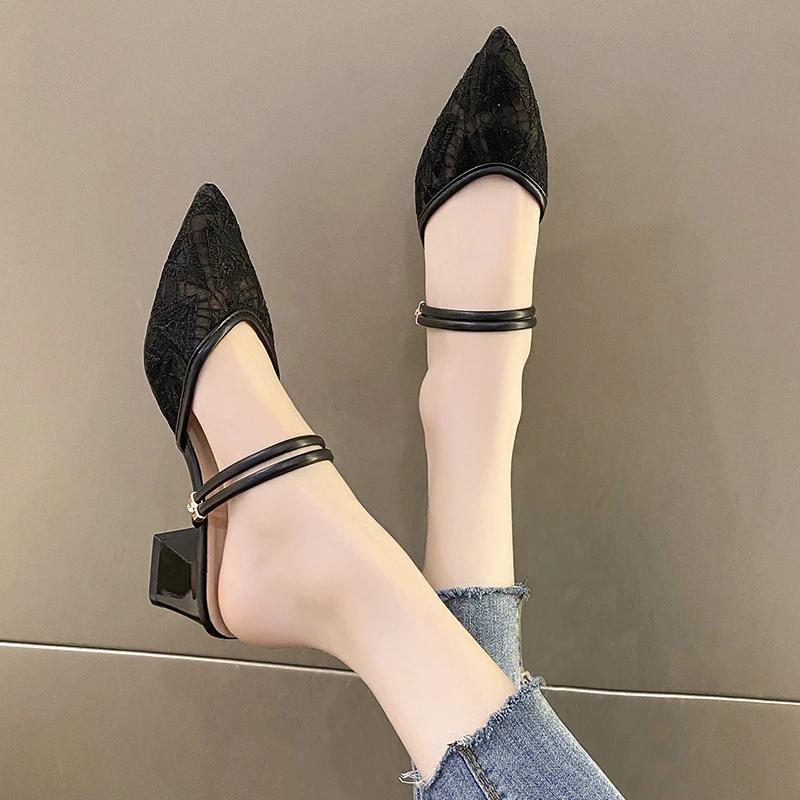 Neue elegante sexy Spitze Platz Ferse Damen Sandalen Sommer Zwei-Wear Casual Spitzschuh Mode Mode Hausschuhe KEINE:A39