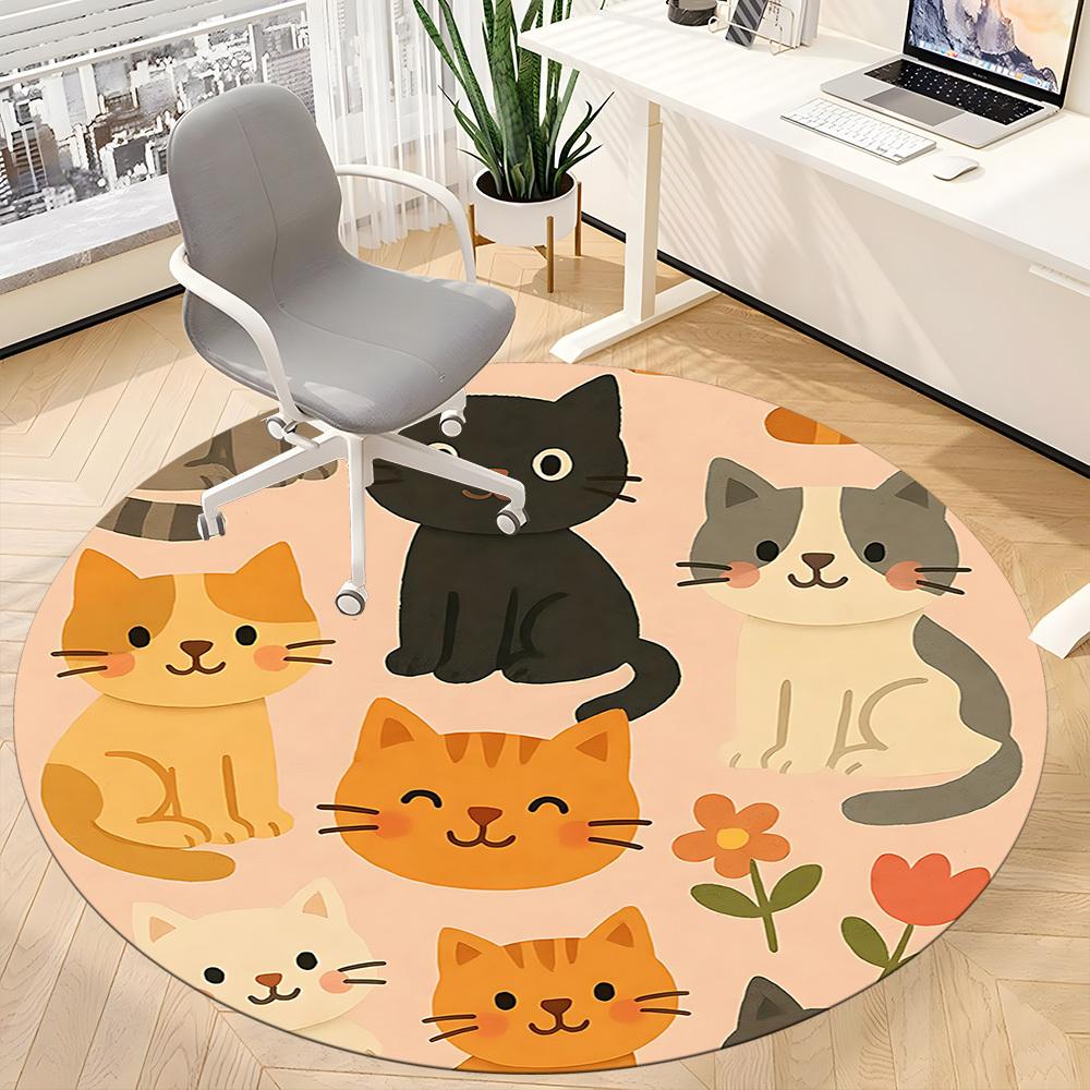 1pc Cat Floral Office Round Area Rug, Under Office Chairs Bedroom Living Room Home Decor, Room Deco