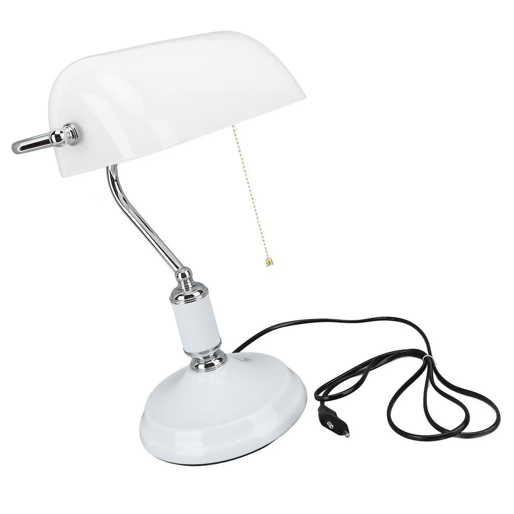 Bankers Table Lamp White Glass Vintage Style Desk Lamp with Retro Pull Chain Switch Reading Table Lamp