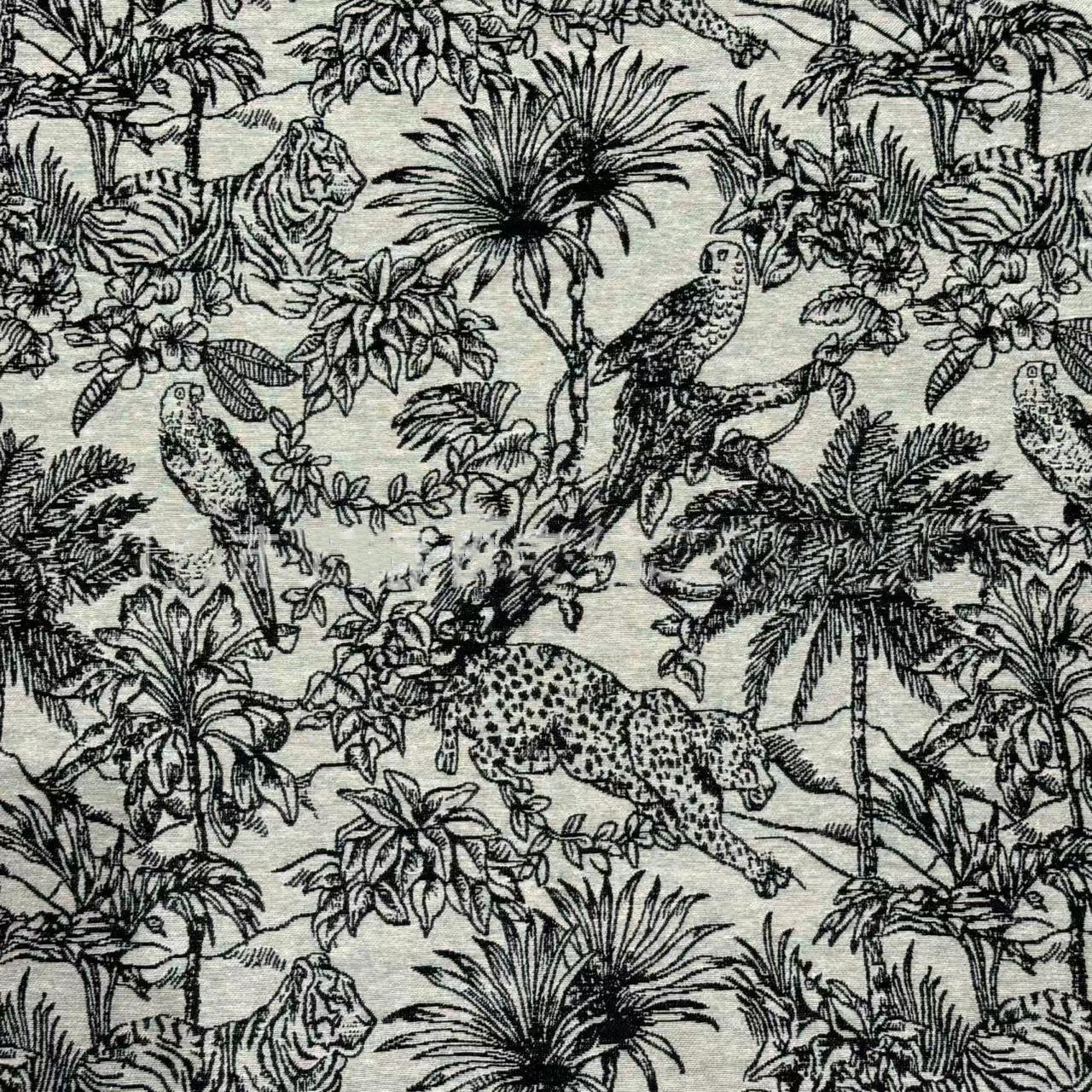 Black & White Vintage Jungle Flora & Fauna Jacquard Upholstery & Clothing Fabric