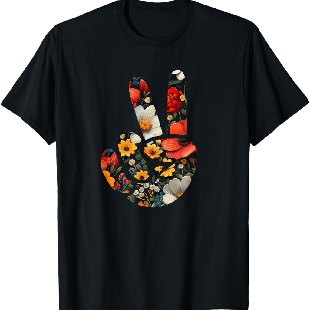 Elegant Silhouette Wildflowers Floral Peace Sign Hand T-Shirt(27)