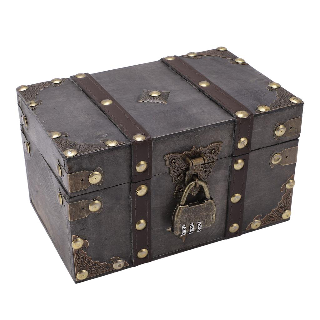 D2 Wooden Organizer Box Treasure Chest Vintage Style Coded Lock Alloy Tipping Wood Wide Application Vintage Jewelry Storage Box
