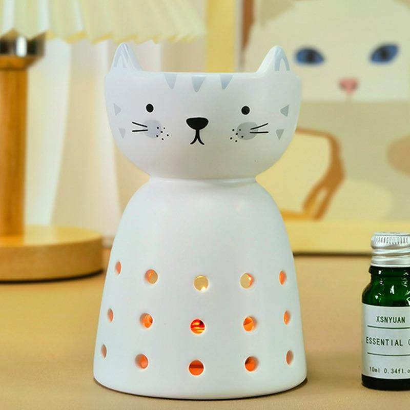 Cute Cat Ceramic Essential Oil Burner - Aromatherapy Wax Melt Warmer Tealight Holder for Home Fragrance & Decor