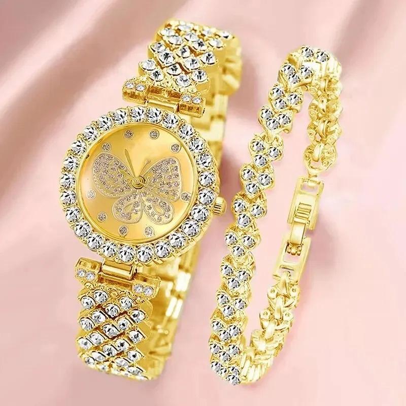 Women Butterfly Dial Quartz Watch Clock Bracelet Rhinestone Wristwatch