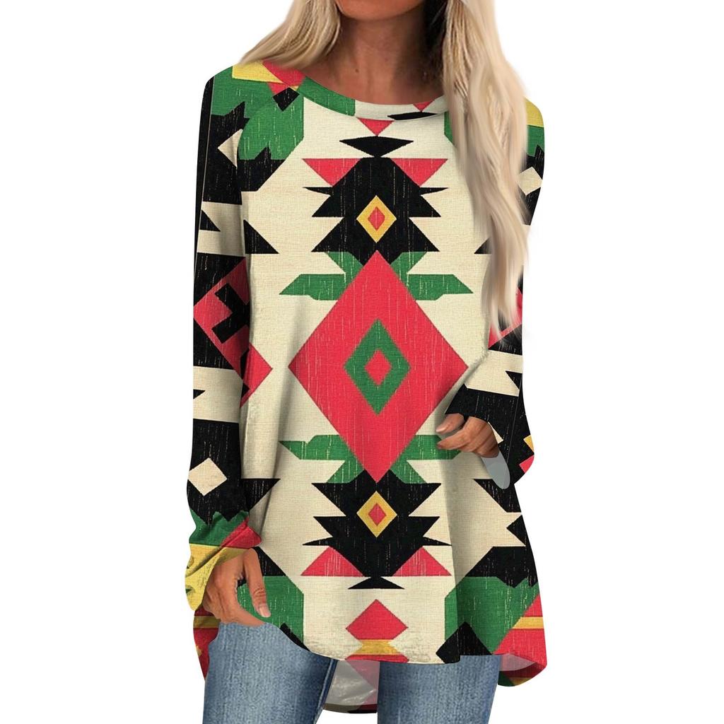 Women's Fashion Casual Long Sleeve  Print Round Neck Pullover Top Blouse