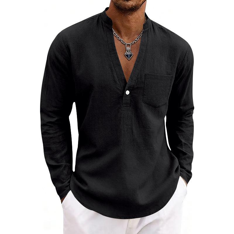 Loose-fit, breathable men’s casual linen shirt with a wide V-neck and a stand-up collar, ideal for outdoor wear
