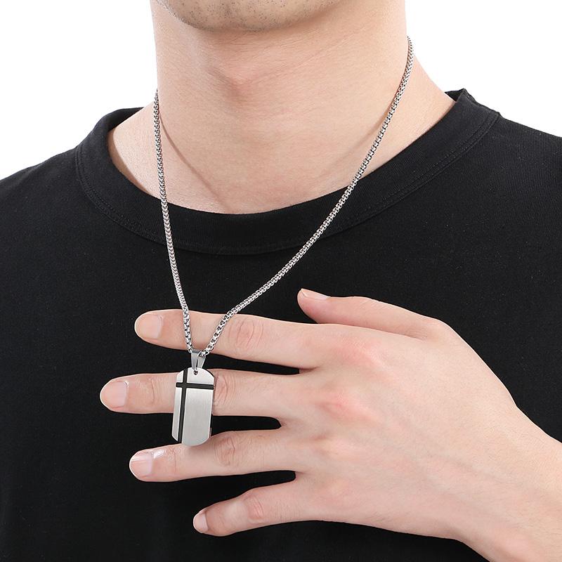 Punk Stainless Steel Square Pendant Necklace for Men Simple Stone Pattern Dog Tag Accessories Personalized Trendy Jewelry
