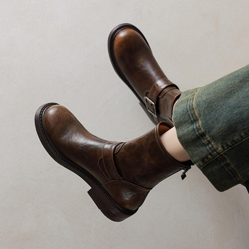 Fashion NEW Autumn Women Boots Split Leather Shoes for Women Round Toe Chunky Heel Shoes Zipper Short Boots Casual Buckle Western Boots