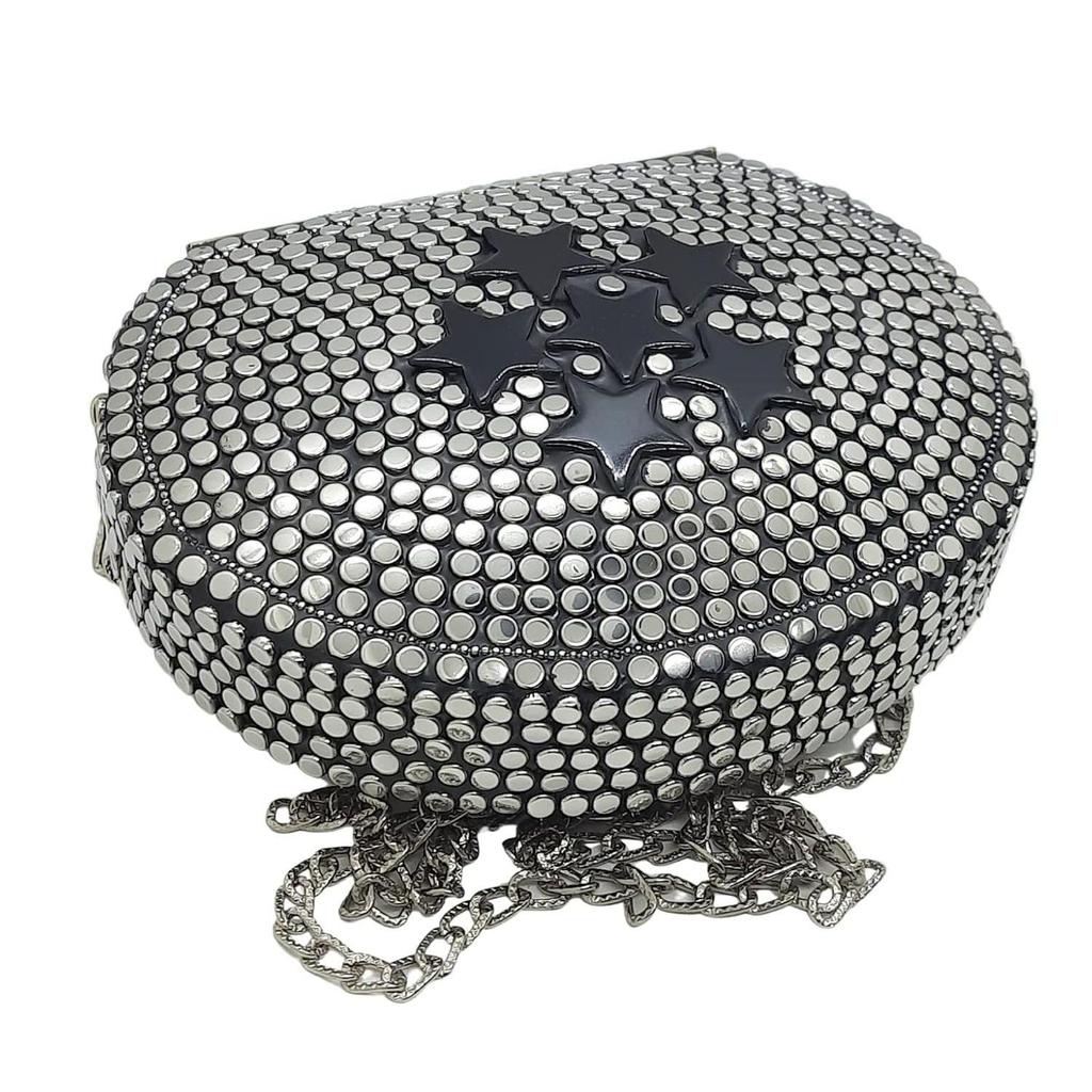Silver Metal Beaded Ethnic Purse Girls Bridal Bag Cross Body Bag for women/Girl Party Clutch Metal Clutches Vintage Brassc