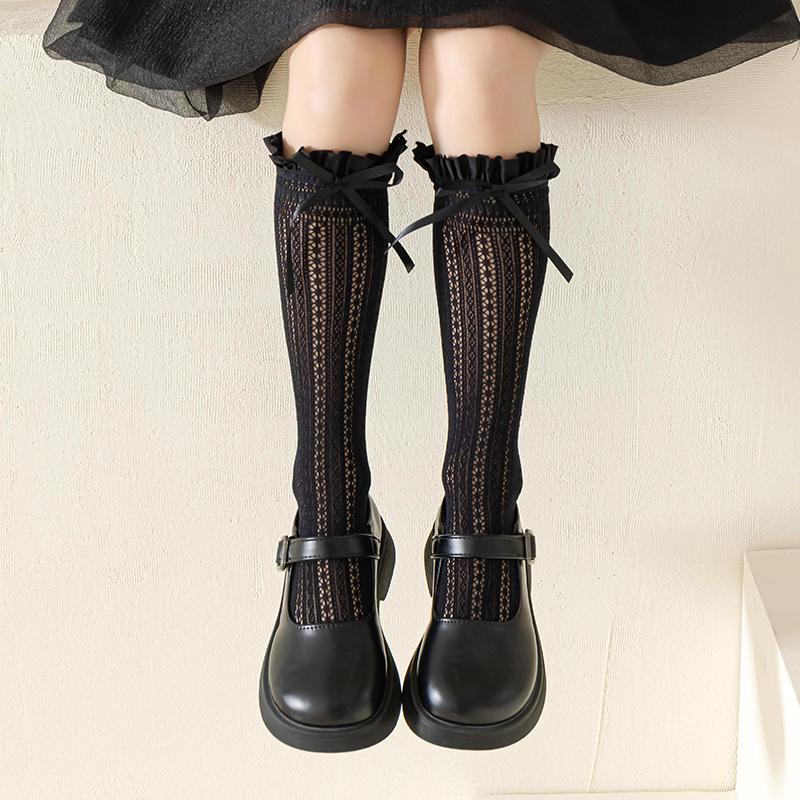 Girls Retro Geometric Bow Over Knee High Socks Sweet Princess Hollow Mesh Stockings Cute Long Socks For Kids Baby
