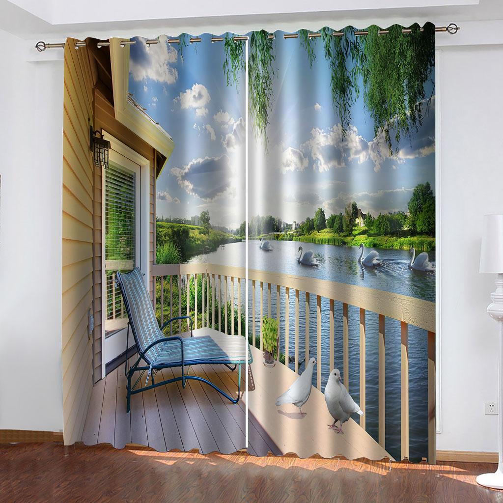 

HUANZHUANG Curtains Living Room Luxury Blue Sky Lake Landscape Modern Print Drape for Kids Bedroom Set Free Delivery Shipping W70xH160cmx2&Grommet Top