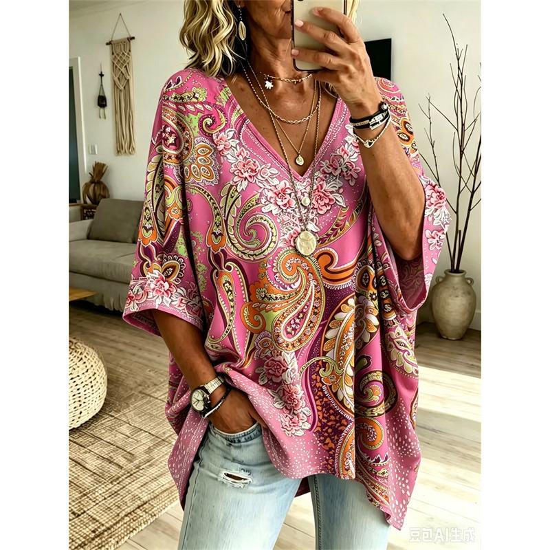 Camiseta Feminina Plus Size Gola V Manga Morcego Estampa Étnica Boêmia Top Solto Verão Confortável Respirável Uso Diário Casual Estilo Emagrecedor