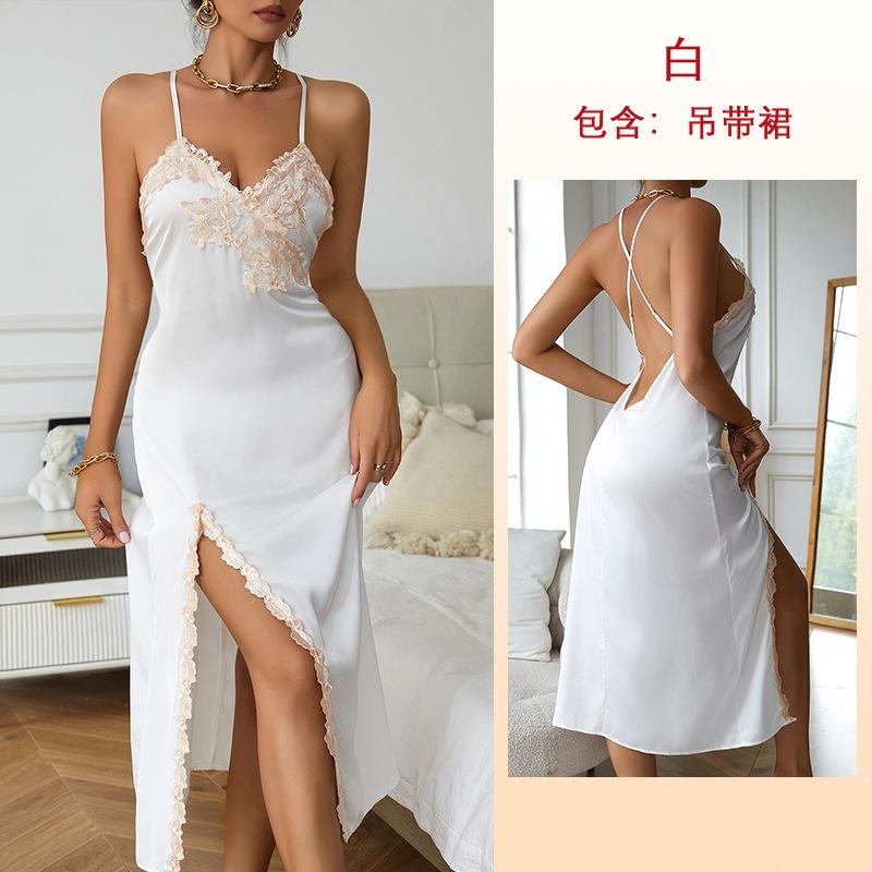 

Пижама из искусственного шелка, женская, кружевная, сексуальная, с V-образным вырезом, с длинным разрезом, на подтяжках, одежда для сна L