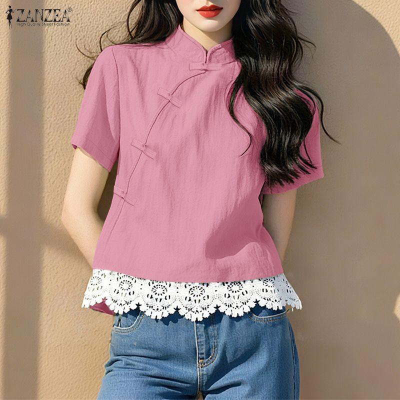 ZANZEA Women Summer Stand Collar Short Sleeve Lace Splice Casual Blouse