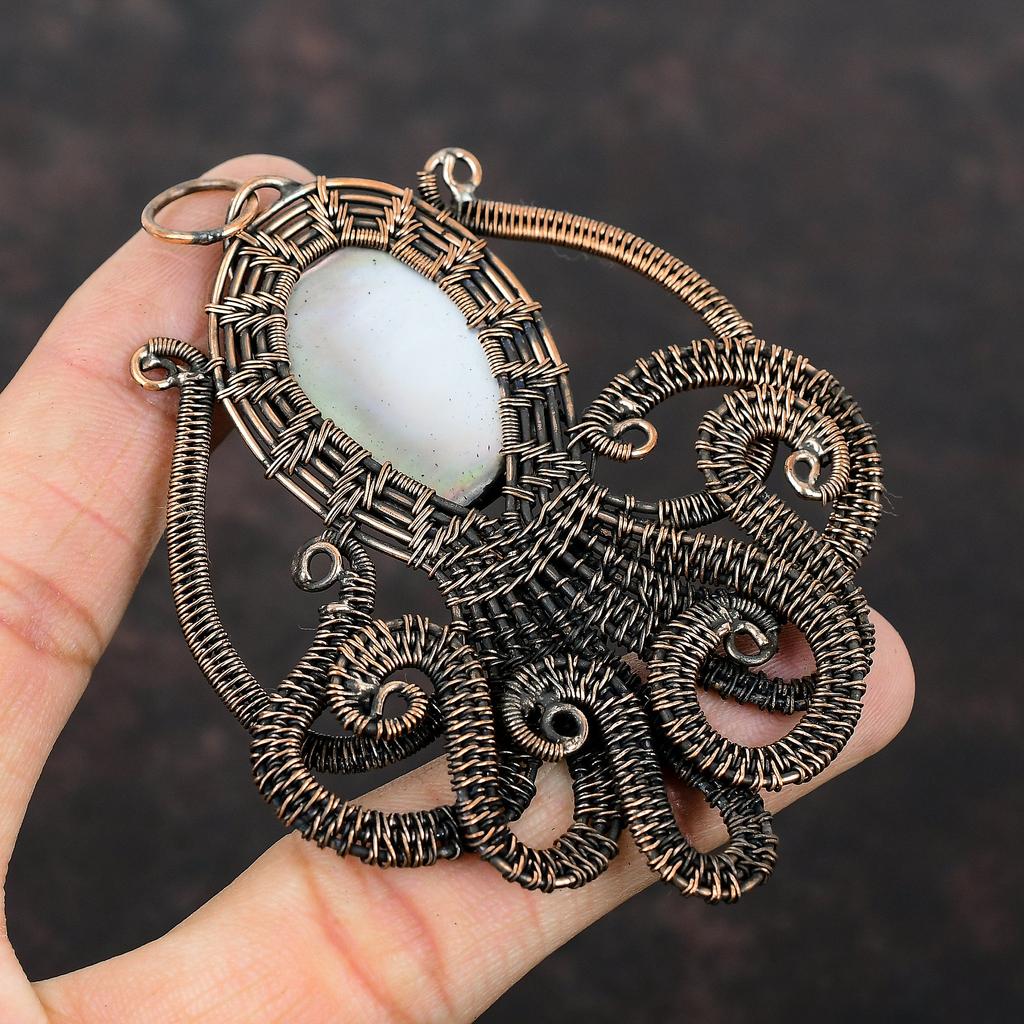 Mother Of Pearl Pendant Copper Wire Wrapped Pendant Handmade Real Gemstone Pendant Copper Wire Wrap Jewelry Octopus Pendant Engagement Gift