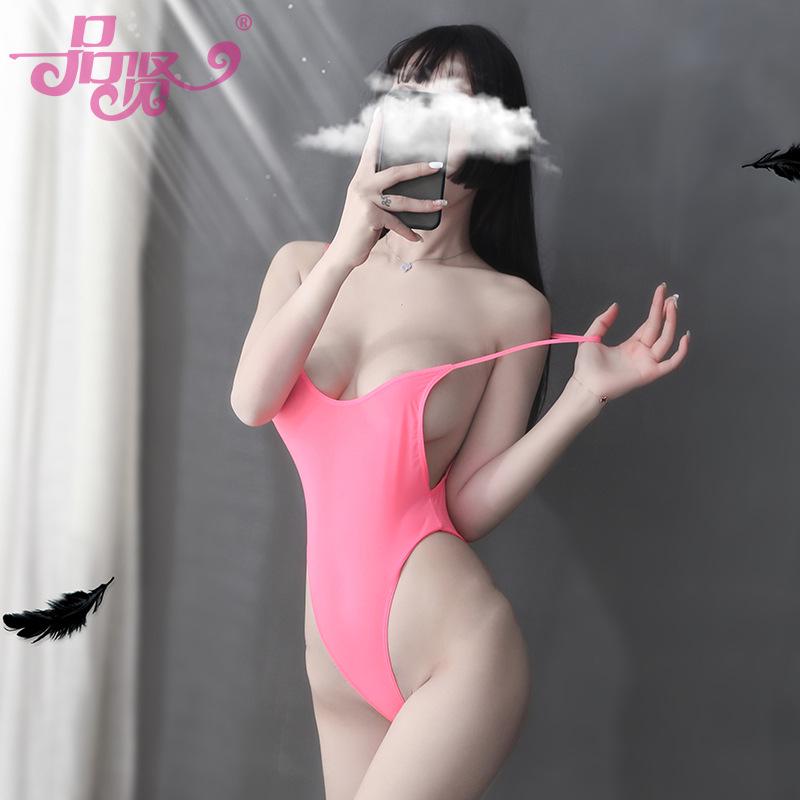 

Pinxian Lingerie Боди-леотард из ледяного шелка с открытой промежностью и высоким вырезом One Size