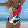 Maillot de bain une pièce sexy style artistique à imprimé coloré pour l'été, coupe slim, design profond à dos en U, maillot de bain mode accrocheur pour la plage, la piscine et les vacances