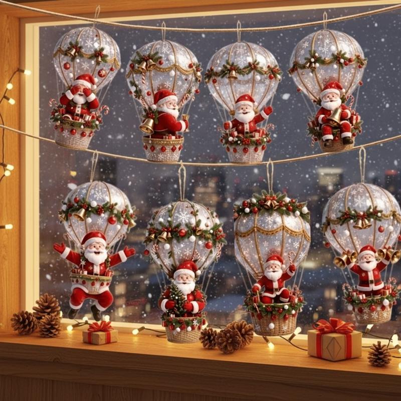 8Pcs Christmas Novelty Wooden Hanging Ornaments 8-Piece Set, Hot Air Balloon Santa Claus, Home Kitchen Atmosphere Decoration
