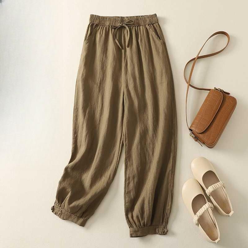 Свободные женские повседневные хлопково-льняные брюки гаремы M хаки