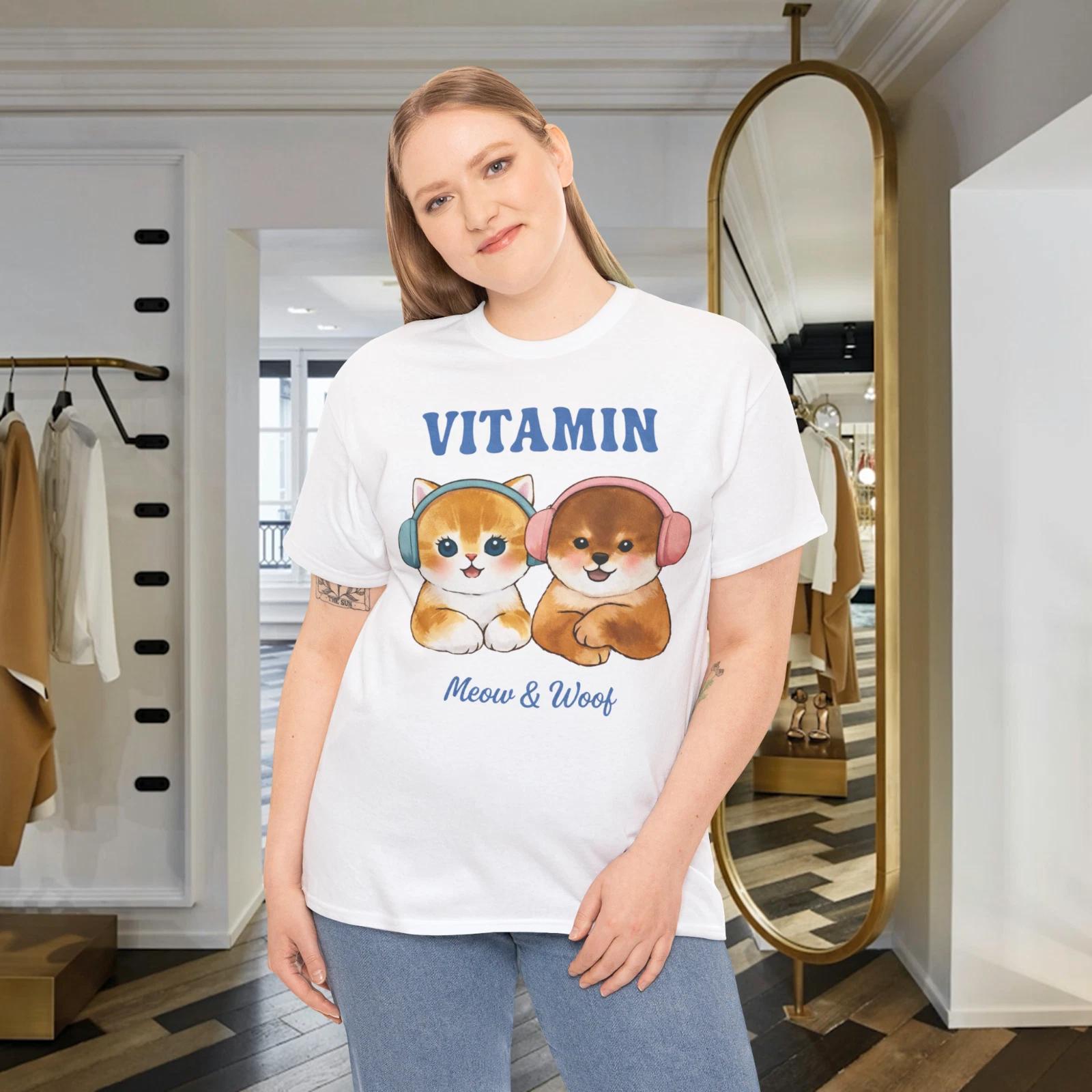 Cute Cat and Dog T-Shirt Vitamin Meow & Woof Kawaii Pet Lover Tee 4XL