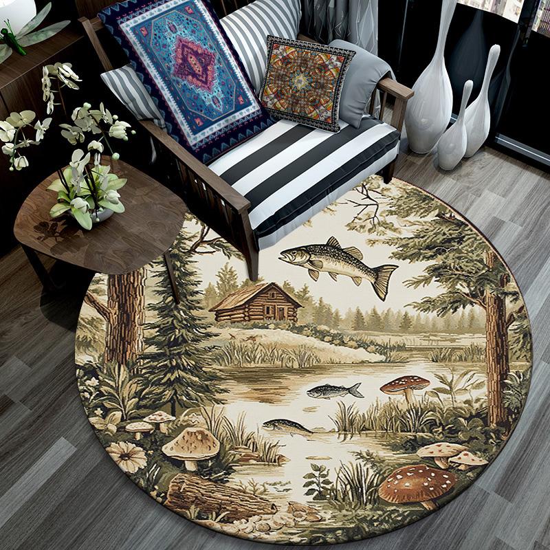 Fish Lake Round Area Rug,Carpet Rug for Living Room Bedroom Sofa Playroom Decor,Non-slip Floor Mat