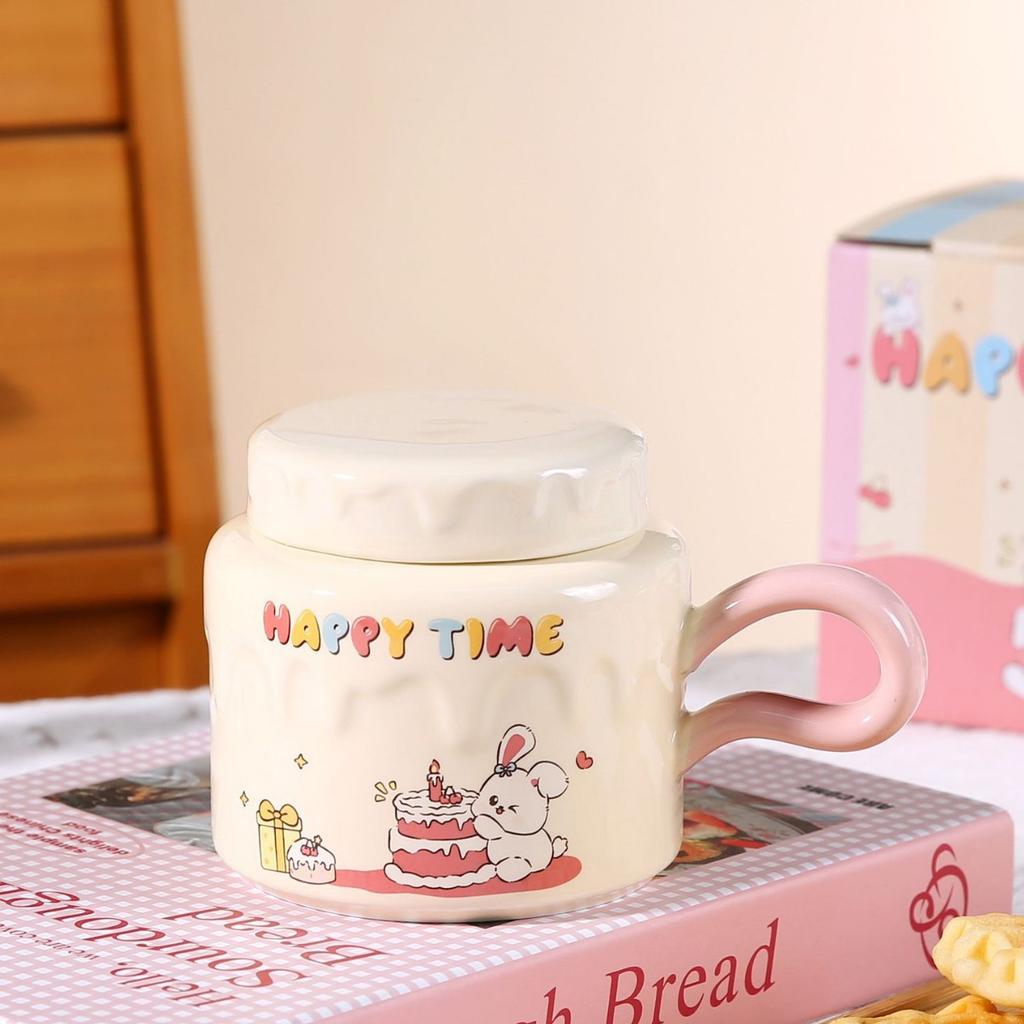 Birthday Gift Cartoon Mug with Lid Creative Ceramic Drinking Cup for Girls Office Household Milk Breakfast Cup