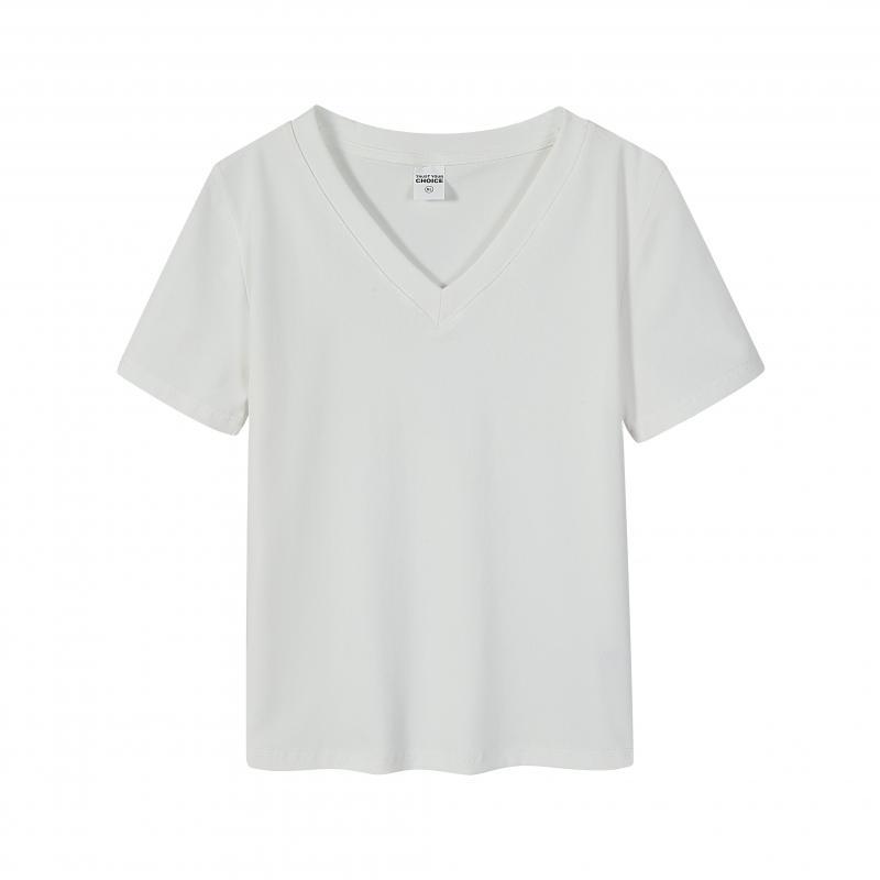 New Summer Short T-Shirt for Women, V-Neck Slim Fit Simple Solid Color Top S белый