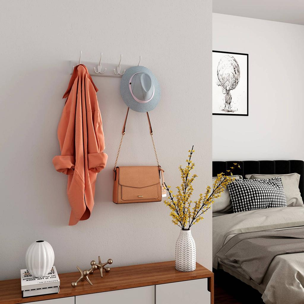 SONGMICS Wall Mounted Coat Rack, Hook Rack with 4 Tri-Hooks, for Clothes, Keys, Hats, Purses, In The Entryway, Bathroom, Closet Room, White
