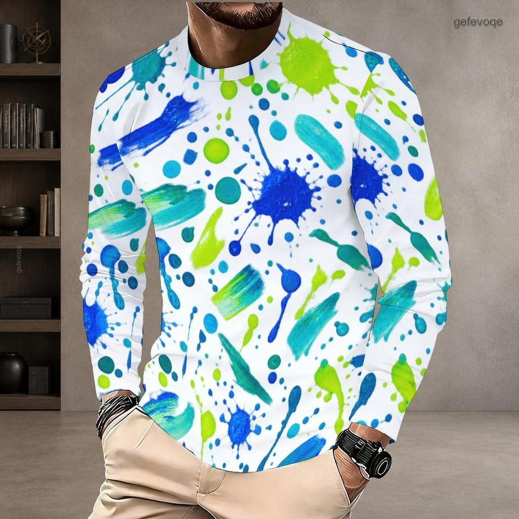 Men Plus Size Round Neck Long Sleeve Printed White T Shirt Casual Pullover