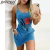 BITCED Women Elegant Summer Floral Letter Print Denim Bodycon Mini Slim Dress Sleeveless Pocket Design