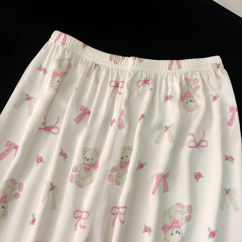 Pink Little Bear Print Lace Women Pajamas Korean Cartoon Cute Bow 2pc Nightwear New Autumn Lady Sleepwear