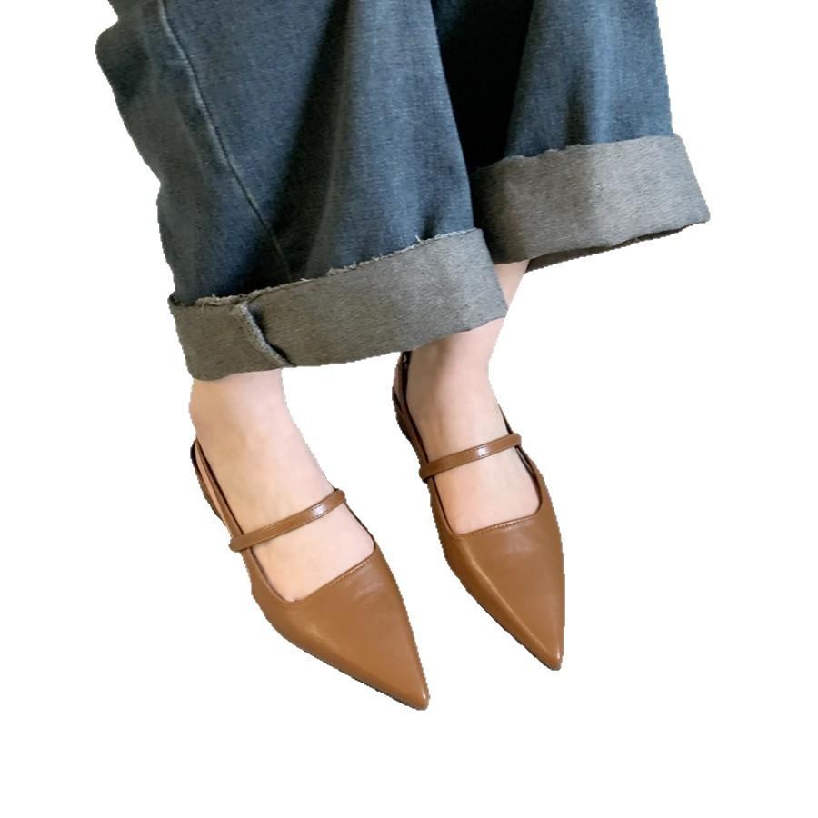 Spring 2025 New Flat-bottomed Bag Head Sandals Soft Leather One-pedal Pointed Head Shallow Mouth Versatile Cool Single Shoes Women's Shoes