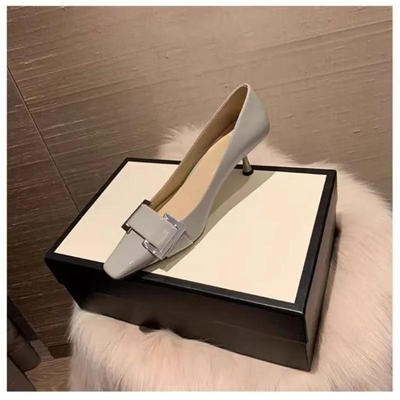 Fashion Metal Buckle Thin Heel Single Shoes Autumn New Square Toe Shallow Mouth Slip-on Kitten Heel Shoes