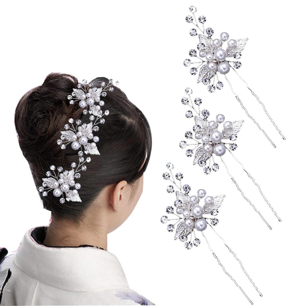 OuJyO Coming-of-Age Ceremony Hair Accessories, Wedding Hair Accessories, Pearl Sparkling U-Pin Hairpins, Stylish 3-Piece Set, Hair Ornaments for