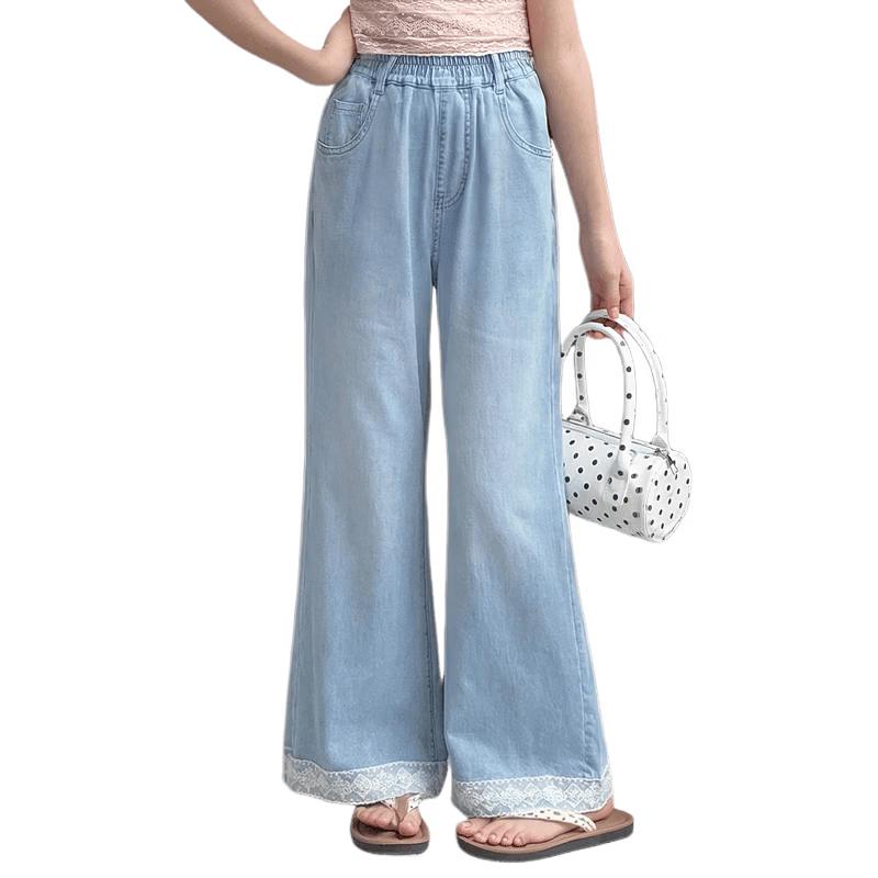 Fuluomi Girls Summer Lace-Trim Wide-Leg Denim Jeans 150