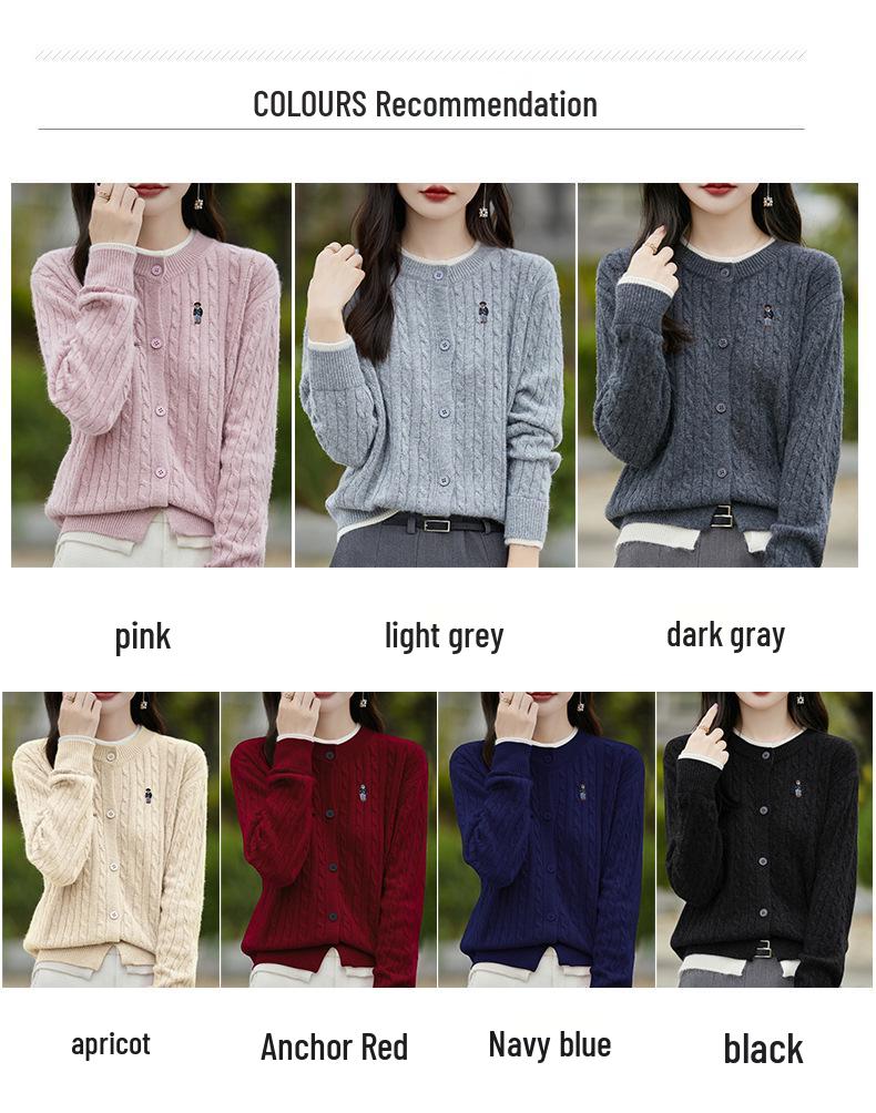 2025 Women's Fashion Color Block Knitted Cardigan: Round Neck, Fake Two-Piece, Embroidered Cable Knit Sweater