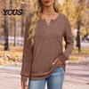 Crew Neck Pullover Women Ribbed Long Sleeve Top, Loose Casual Blouse with Button, Solid Soft Blouses Color ShCrew irt for Spring Autumn Top