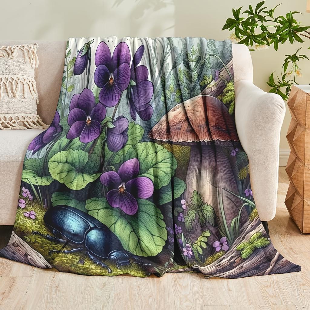 1pc Printed Blanket Forest Purple Pansy Mushroom Beetle Pattern Soft Skin-Friendly Bedding Sofa Throw for Home Decor, All-Season Cozy Gift for Bedroom