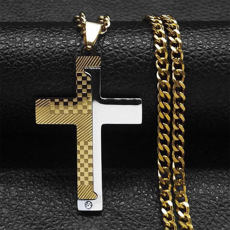 1Pcs Gothic Style Titanium Steel Cross Pendant Necklace, Motorcycle Punk Black Silver Crystal Jewelry For Men N6337