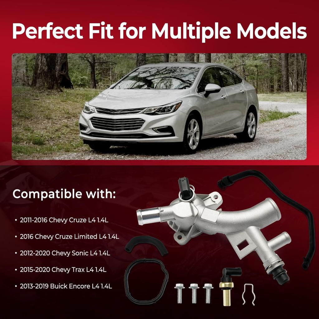 Aluminum Engine Coolant Housing Water Outlet Kit with Hoses Compatible with 2011-2016 Chevy Cruze, 2012- Sonic, 2015- Trax, 2013- Buick Encore 1.4L