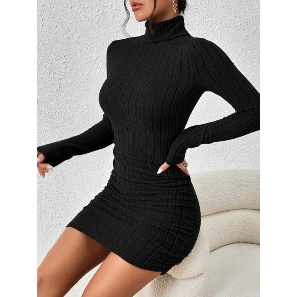 2024 Women Clothing New Solid Dresses Mini Dress Club Elegant Party Dresses Black Solid Turtleneck Long Sleeves SheathDress