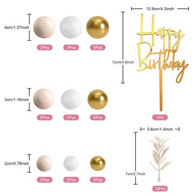 Khaki Balls Cake Topper Boho Grass Cake Topper Khaki White Gold Pearl Balls Happy Birthday Cake Decorations for Wedding Party