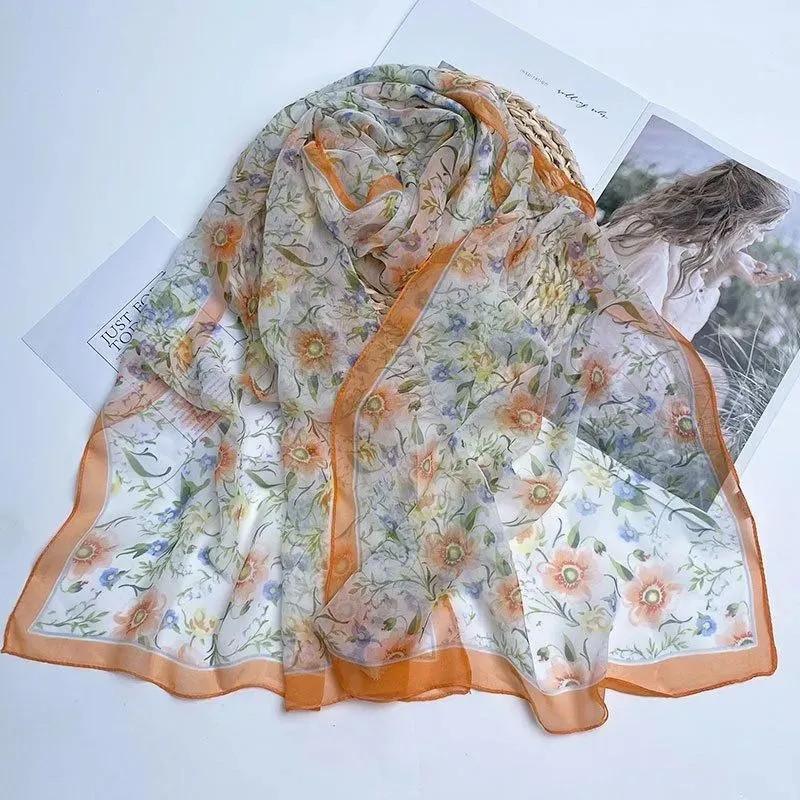 Four Seasons Thin Silk Scarf Women's Silk Scarf Long Versatile Fashion Shawl Scarf Beach Towel
