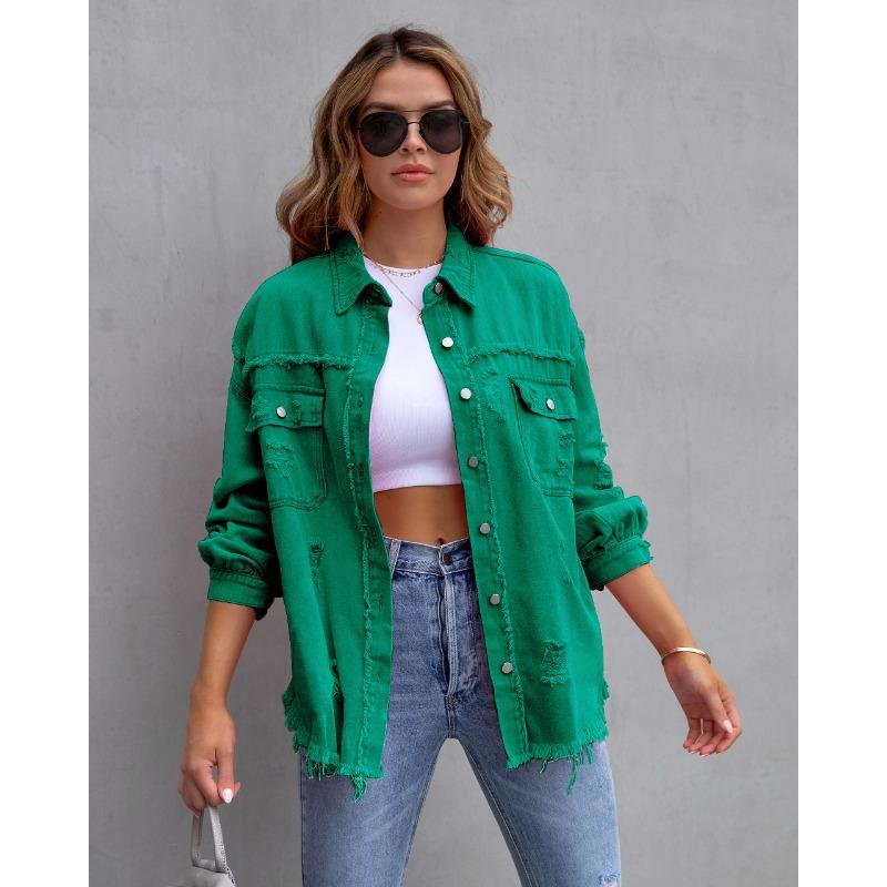 2026 Europäische und amerikanische süße Mode Spice Girls Sommer neue Revers Langarm Jeansjacke mit Löchern für Damen